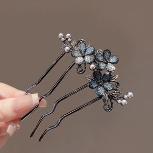 Chinese Ancient Style Exquisite Pearl Rhinestone Flower U-shaped Hair Comb Women Elegant Temperament Daily Metal Hairpin